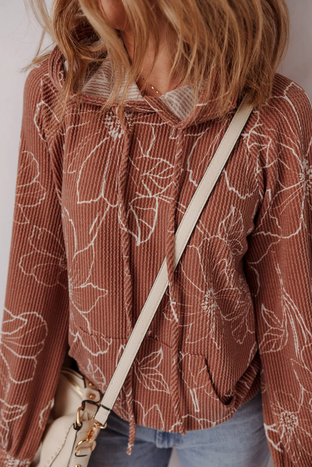 Brown Floral Rib Drawstring Kangaroo Pocket Hoodie sold by Beagle Boutique product image thumbnail 5