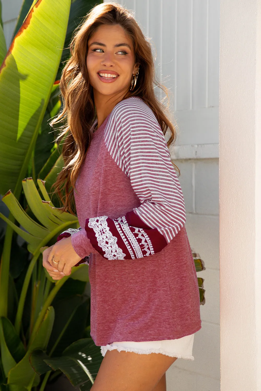 Contrast Print Striped Raglan Long Sleeve Loose Top sold by Beagle Boutique product image thumbnail 3