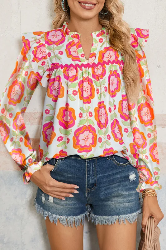 Rose Floral Printed Ruffled Long Sleeve Blouse sold by Beagle Boutique