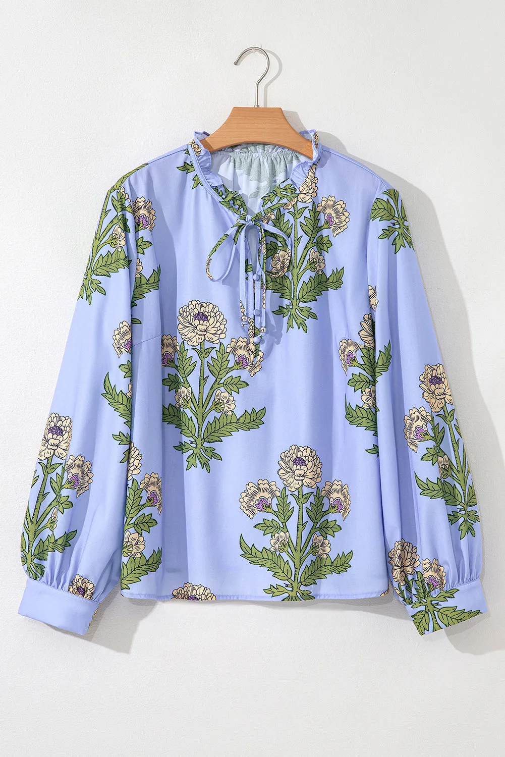 Floral Print Button Tie Neck Long Puff Sleeve Blouse sold by Beagle Boutique product image thumbnail 3