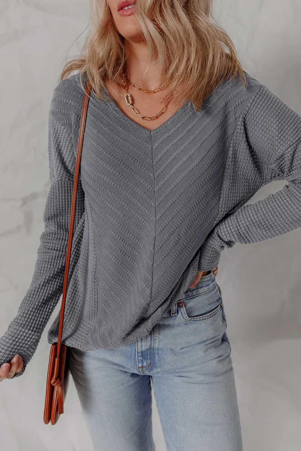 V-Neck Chevron Textured Long Sleeve Top sold by Beagle Boutique product image thumbnail 5