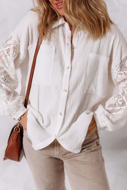 White Cotton Gauze Lace Patchwork Long Sleeve Shirt sold by Beagle Boutique