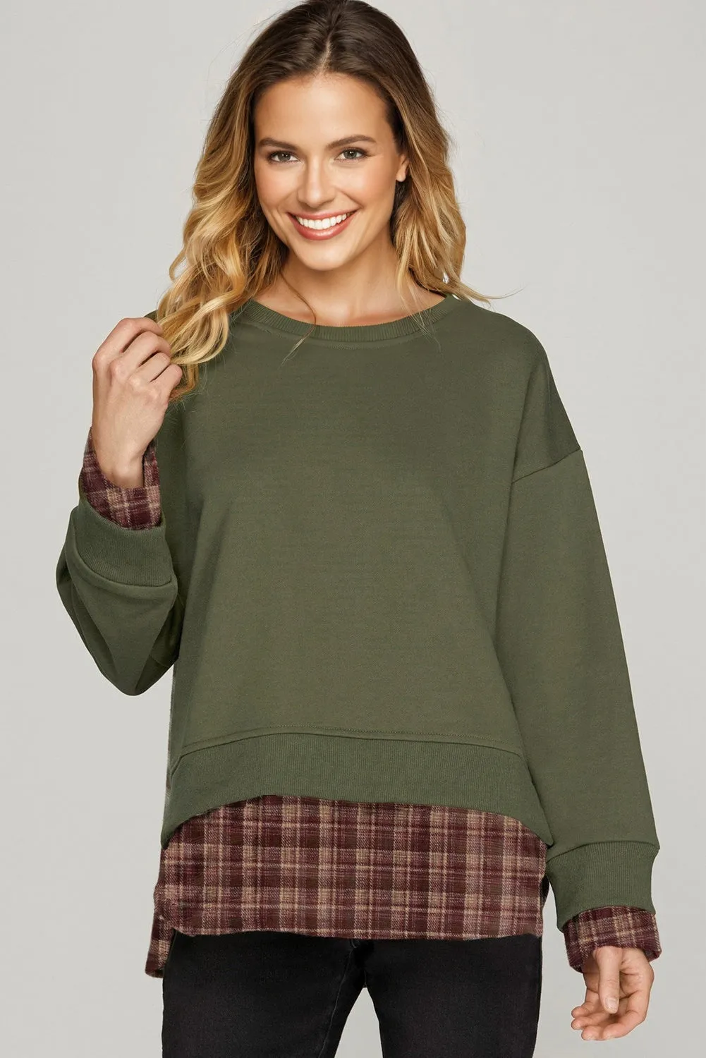 Green Plaid Patchwork Drop Shoulder Sweatshirt sold by Beagle Boutique product image thumbnail 2