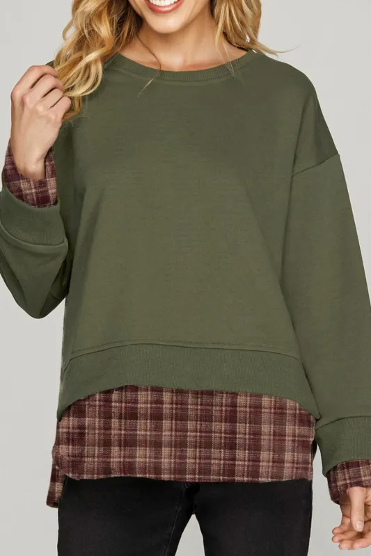 Green Plaid Patchwork Drop Shoulder Sweatshirt sold by Beagle Boutique