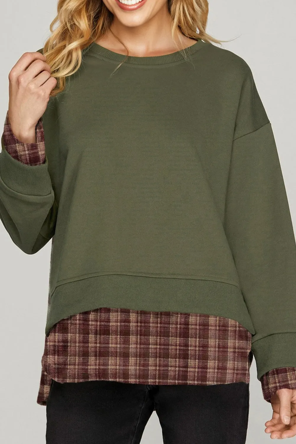 Green Plaid Patchwork Drop Shoulder Sweatshirt sold by Beagle Boutique
