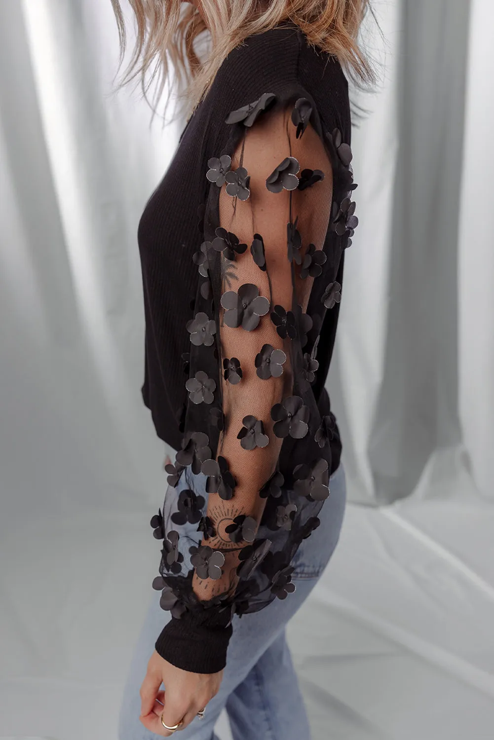 Black Flower Applique Mesh Long Sleeve V-Neck Blouse sold by Beagle Boutique product image thumbnail 3