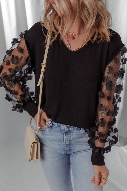 Black Flower Applique Mesh Long Sleeve V-Neck Blouse sold by Beagle Boutique
