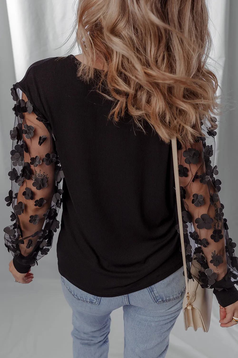 Black Flower Applique Mesh Long Sleeve V-Neck Blouse sold by Beagle Boutique product image thumbnail 2