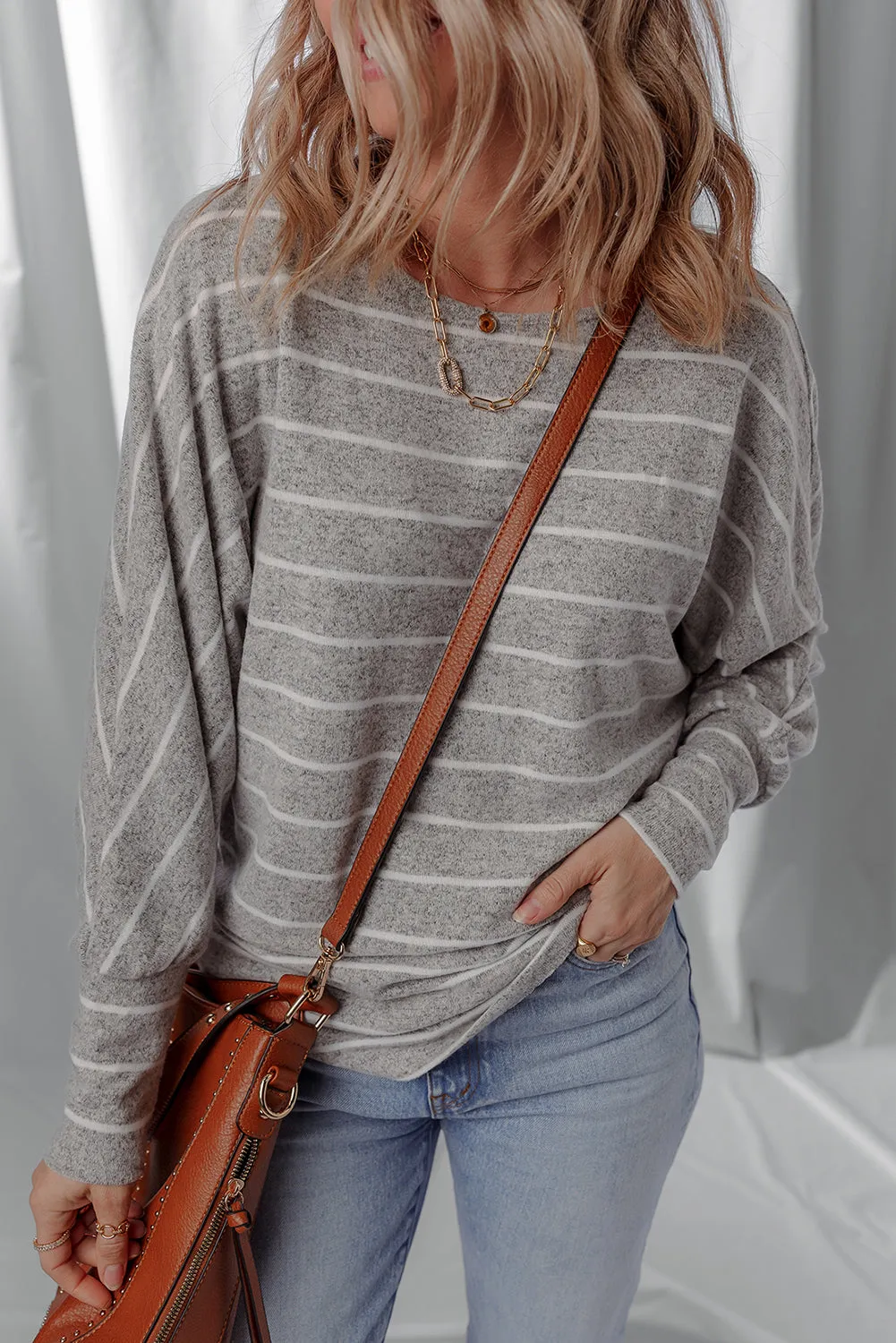 Grey Stripe Dolman Sleeve Drop Shoulder Top sold by Beagle Boutique product image thumbnail 4