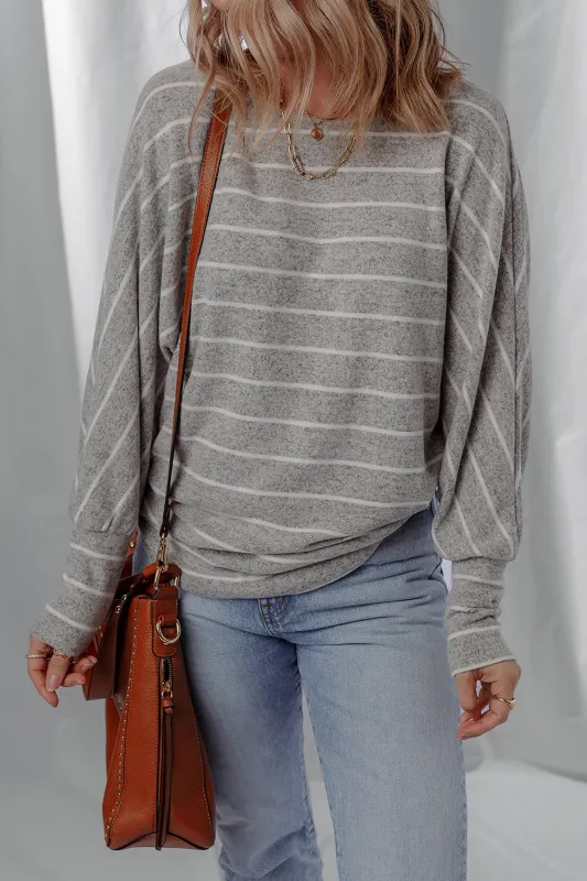 Grey Stripe Dolman Sleeve Drop Shoulder Top sold by Beagle Boutique