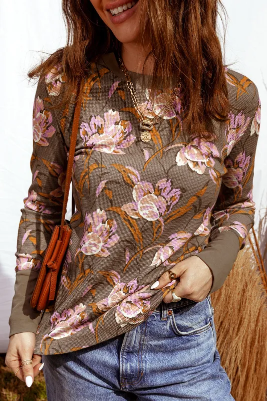 Brown Floral Print Waffle Textured Long Sleeve Top made by Beagle Boutique