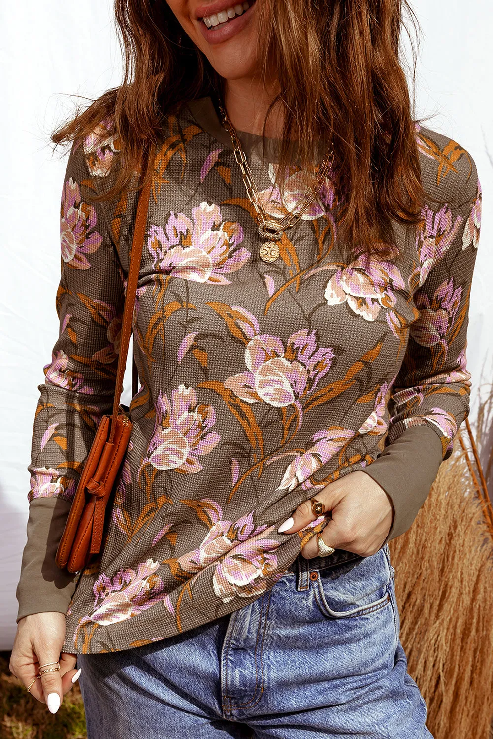 Brown Floral Print Waffle Textured Long Sleeve Top sold by Beagle Boutique