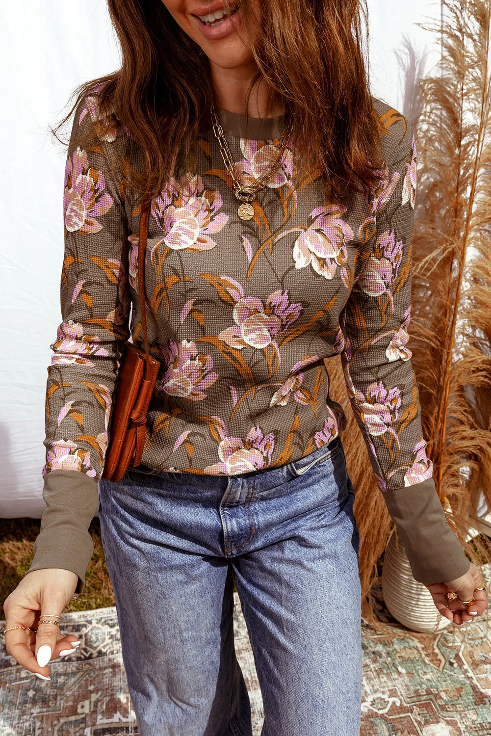 Brown Floral Print Waffle Textured Long Sleeve Top sold by Beagle Boutique product image thumbnail 5