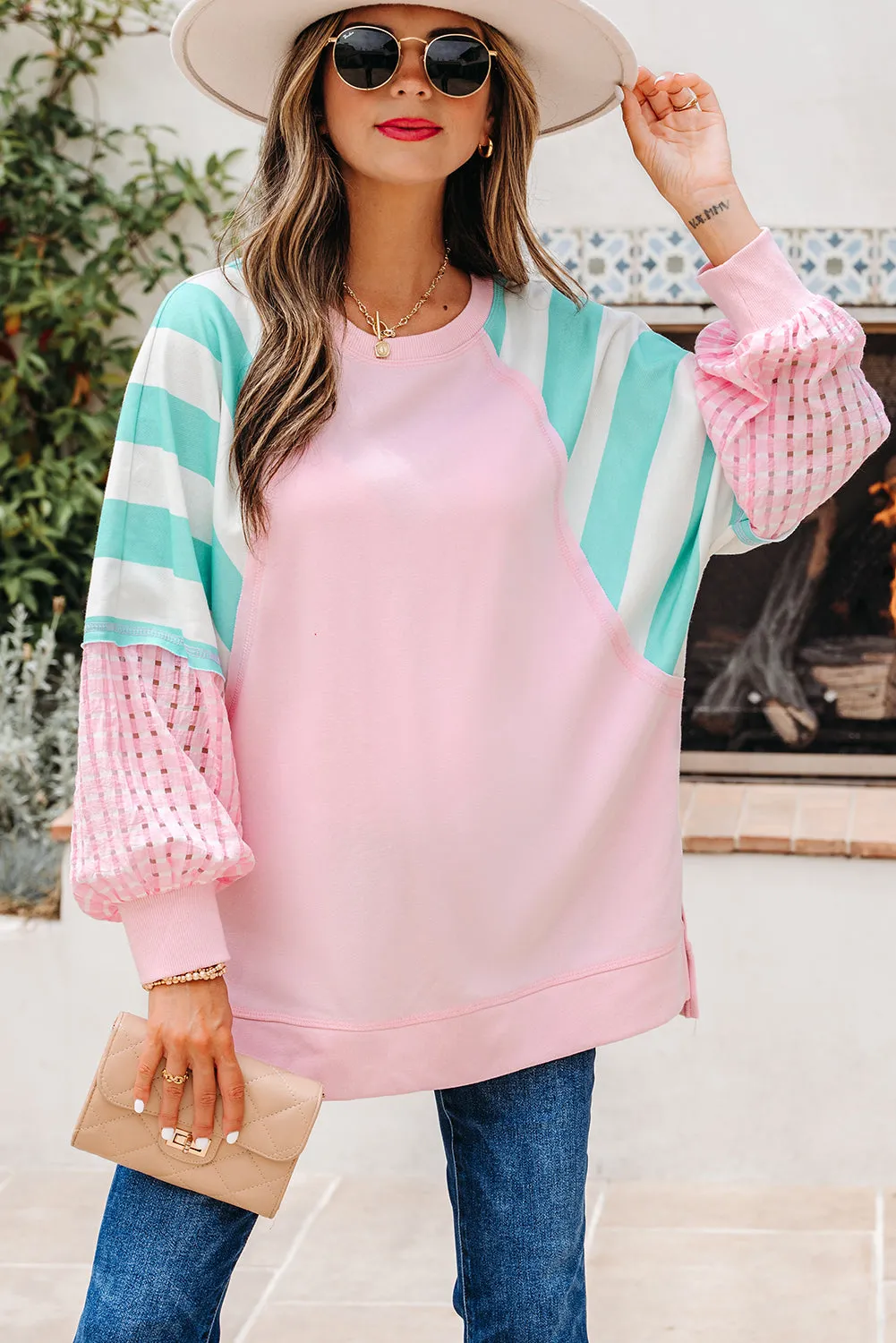 Striped Patchwork Raglan Pullover Top with Slits sold by Beagle Boutique