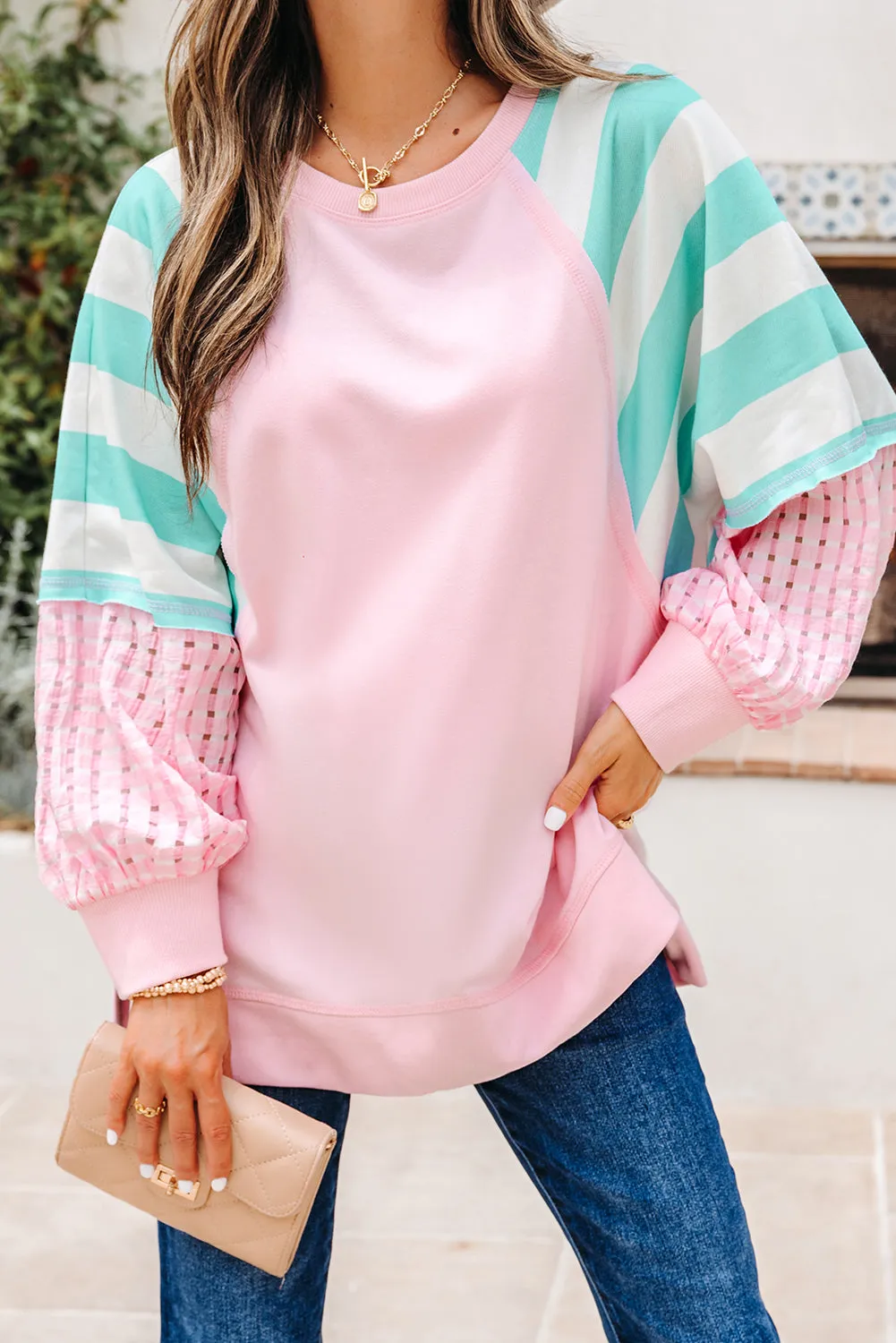 Striped Patchwork Raglan Pullover Top with Slits sold by Beagle Boutique product image thumbnail 5