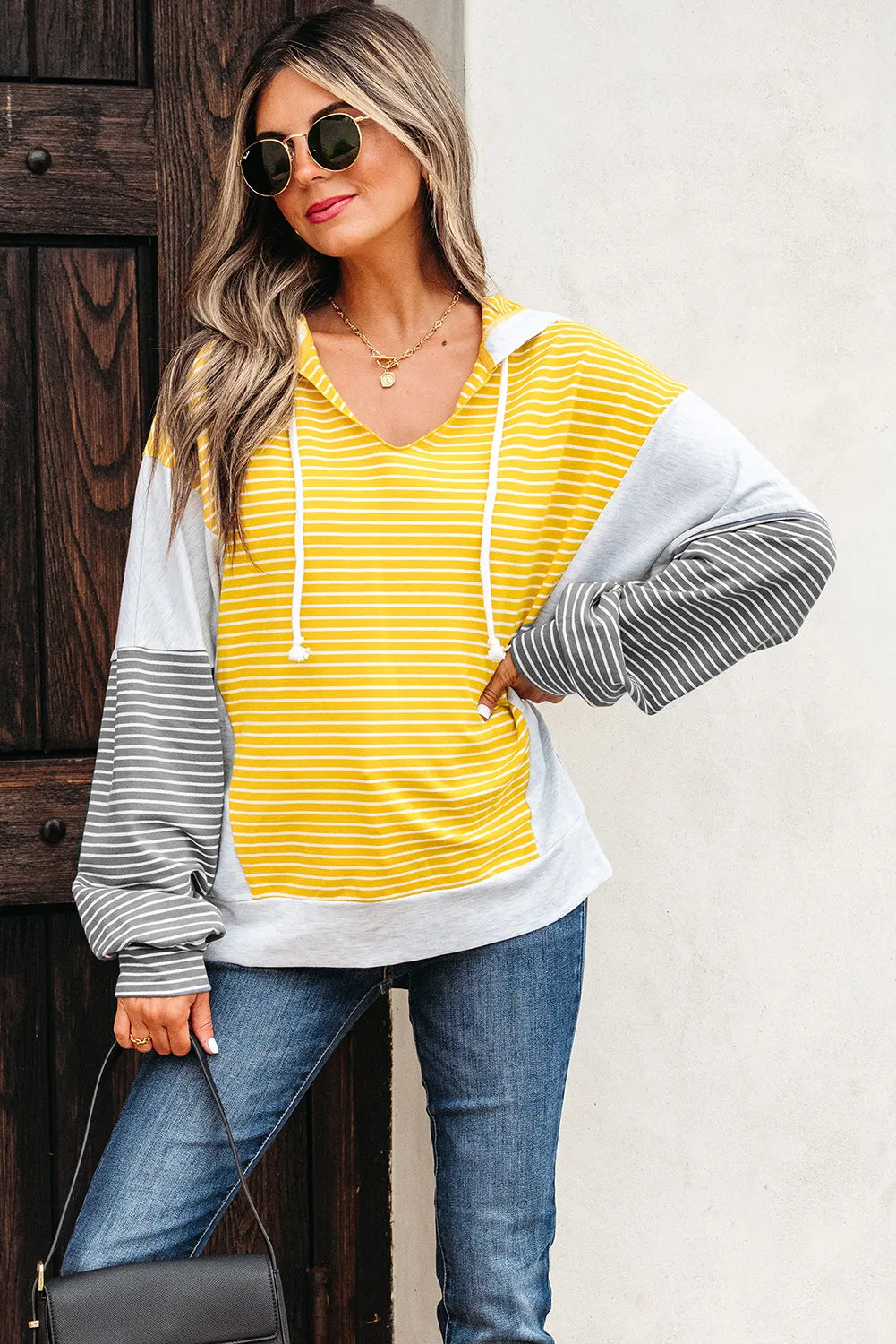 Yellow Stripe Drawstring V-Neck Loose Fit Hooded Top sold by Beagle Boutique product image thumbnail 3