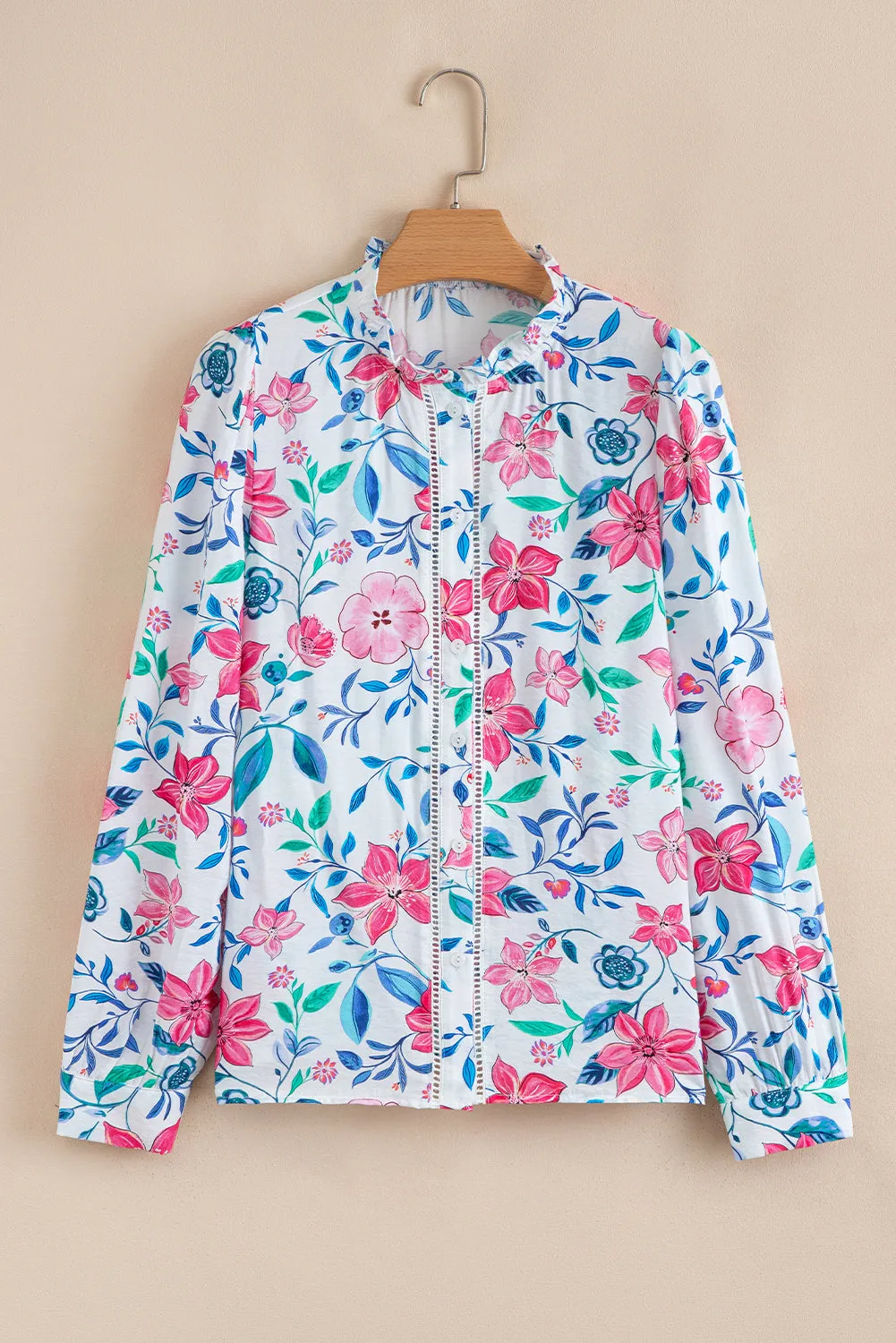 Pink Floral Print Lace Detail Button-up Long Sleeve Shirt sold by Beagle Boutique