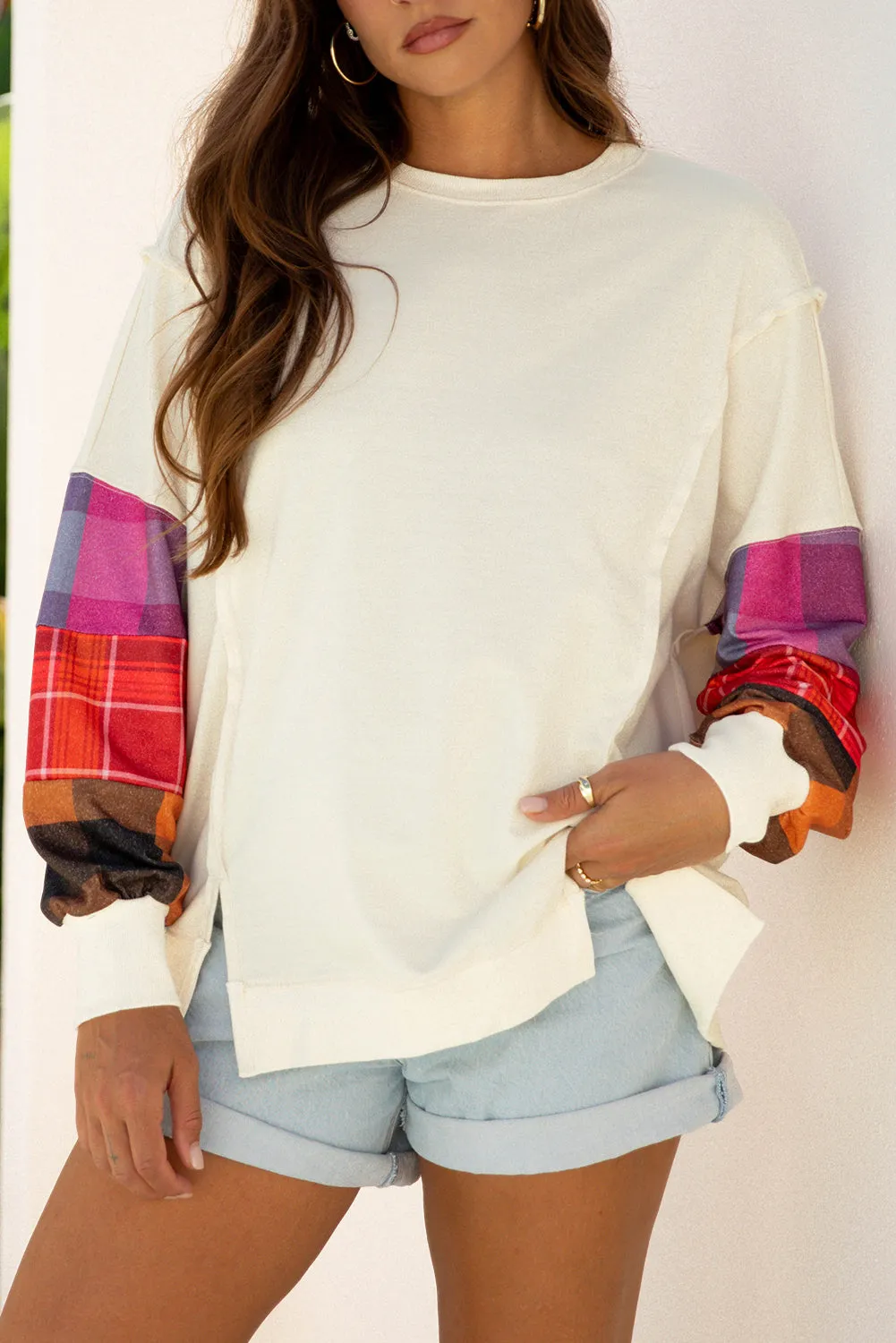 Beige Contrast Plaid Long Sleeve Exposed Seam Patchwork Top sold by Beagle Boutique product image thumbnail 5