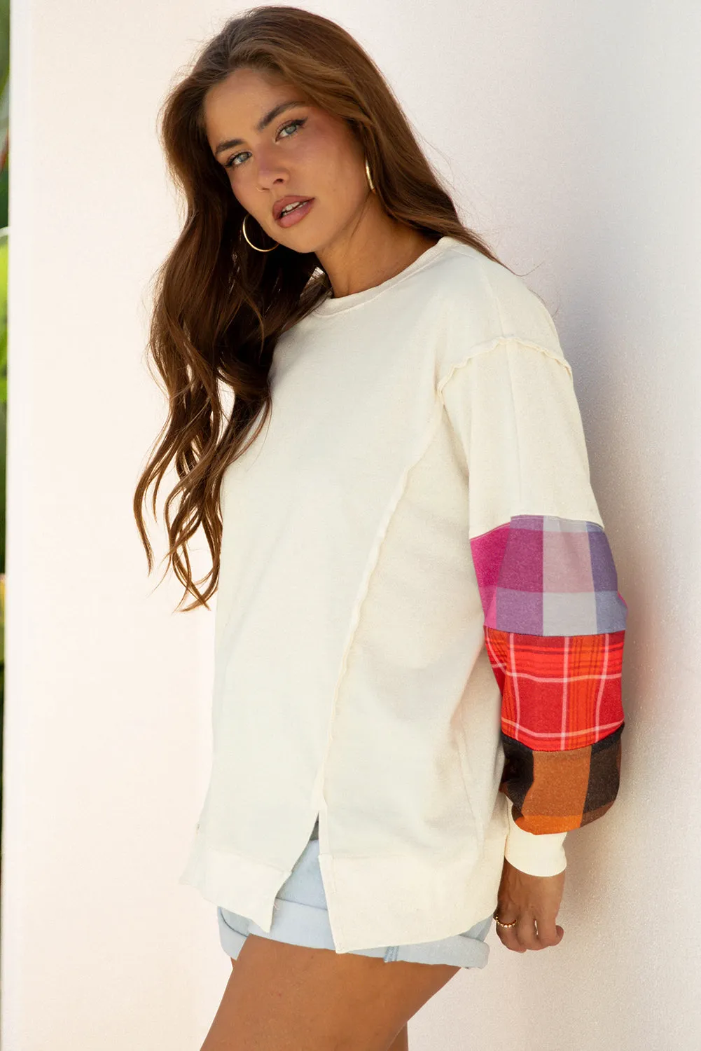 Beige Contrast Plaid Long Sleeve Exposed Seam Patchwork Top sold by Beagle Boutique product image thumbnail 3