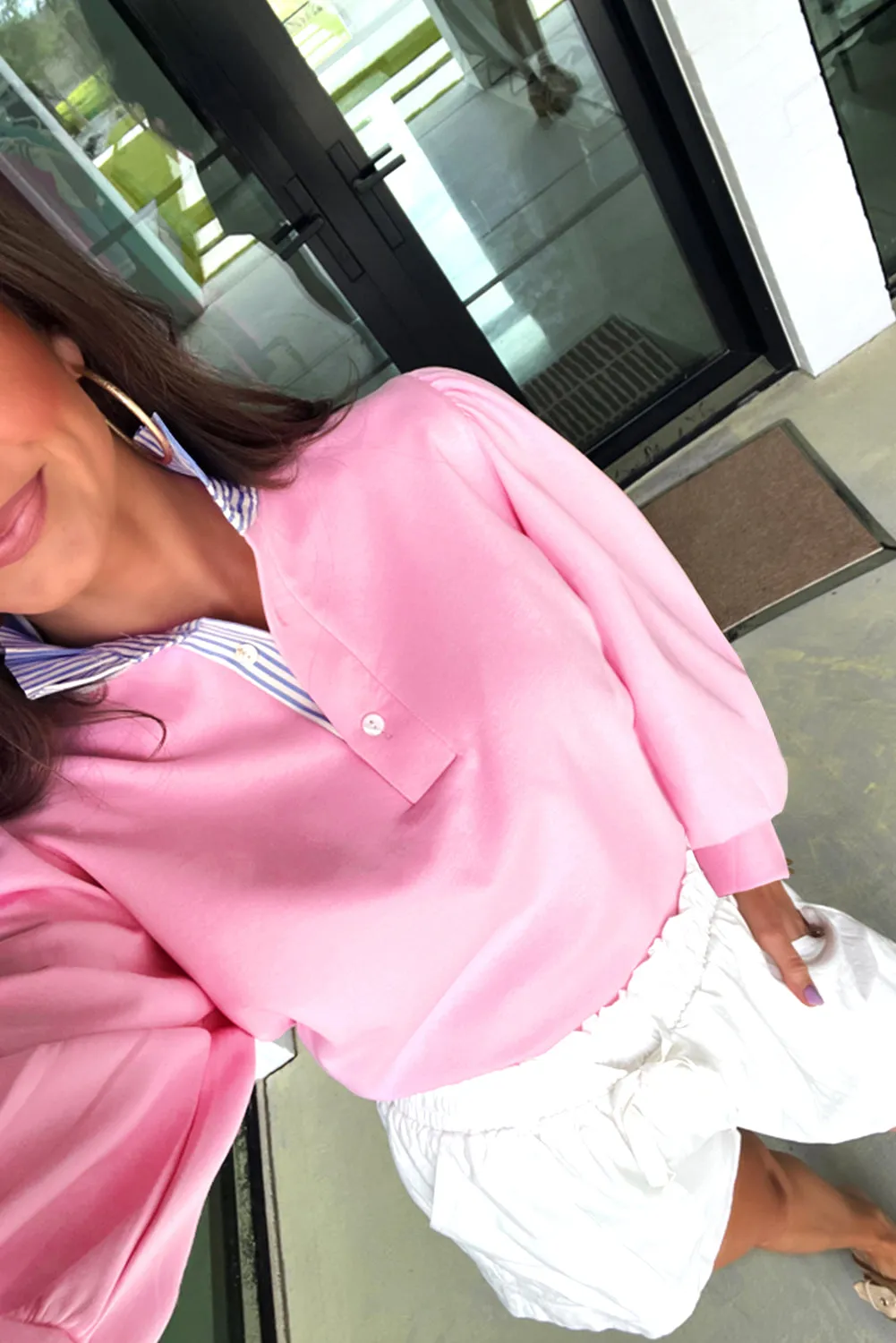 Button Striped Collar Patchwork Puff Sleeve Sweatshirt sold by Beagle Boutique product image thumbnail 2