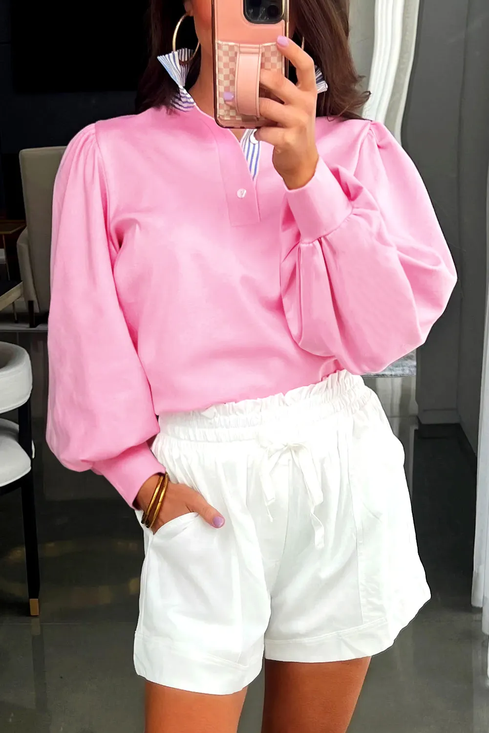 Button Striped Collar Patchwork Puff Sleeve Sweatshirt sold by Beagle Boutique