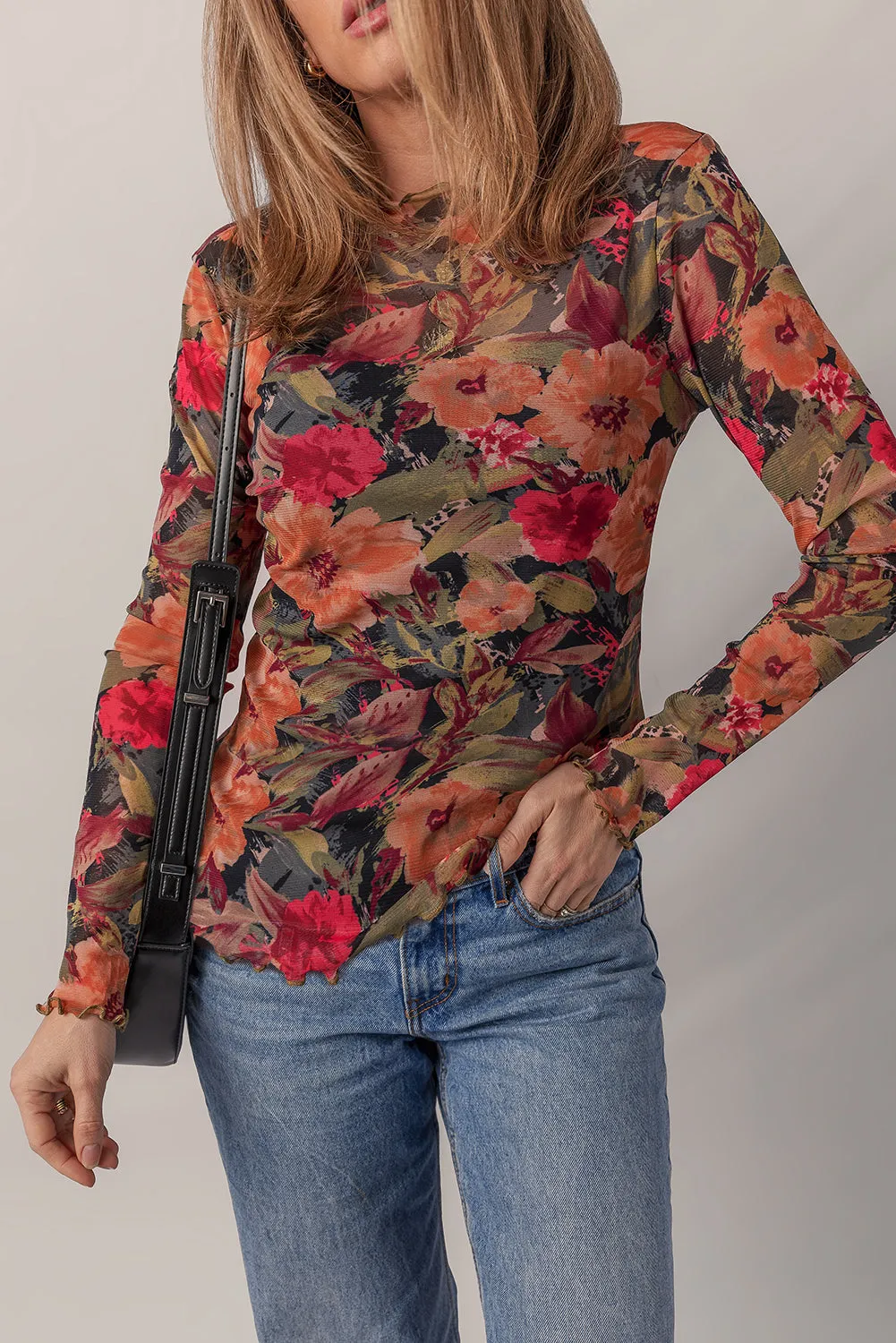Multicolour Floral Print Lettuce Trim Long Sleeve Mesh Top sold by Beagle Boutique