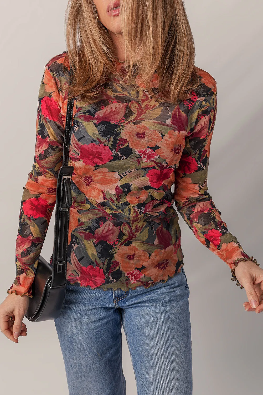 Multicolour Floral Print Lettuce Trim Long Sleeve Mesh Top sold by Beagle Boutique product image thumbnail 4