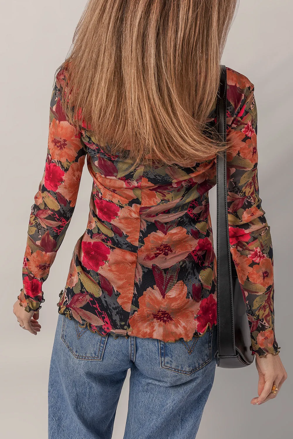 Multicolour Floral Print Lettuce Trim Long Sleeve Mesh Top sold by Beagle Boutique product image thumbnail 2