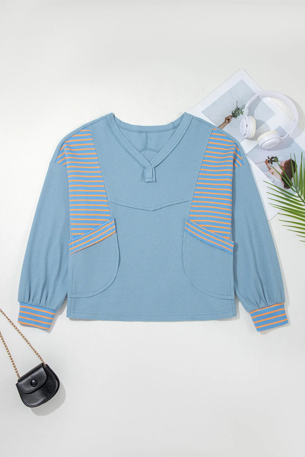 Exposed Seam Waffle Striped Patchwork Baggy Pullover sold by Beagle Boutique product image thumbnail 4