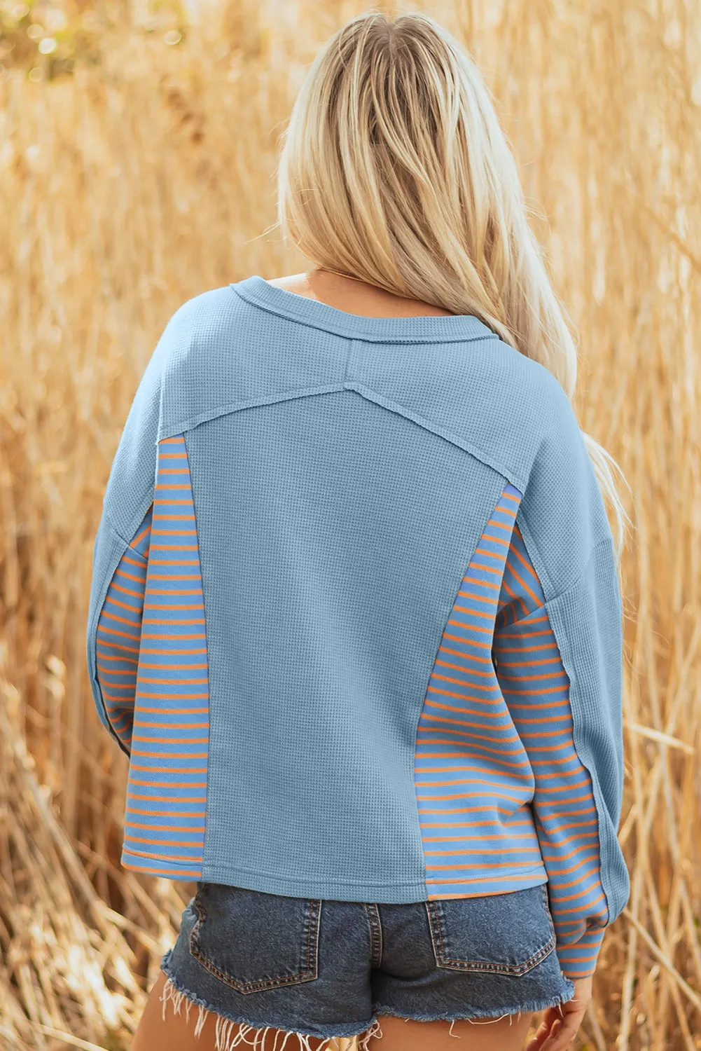 Exposed Seam Waffle Striped Patchwork Baggy Pullover sold by Beagle Boutique product image thumbnail 2