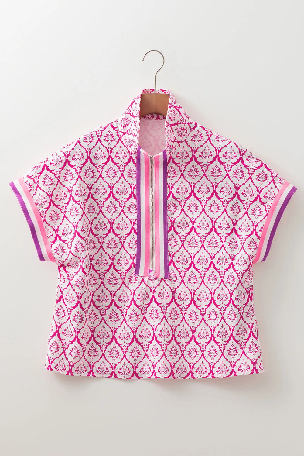 Western Print Zipped Collar Short Sleeve Blouse Top sold by Beagle Boutique product image thumbnail 2