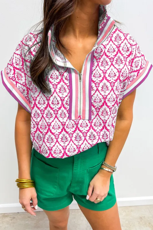 Western Print Zipped Collar Short Sleeve Blouse Top sold by Beagle Boutique