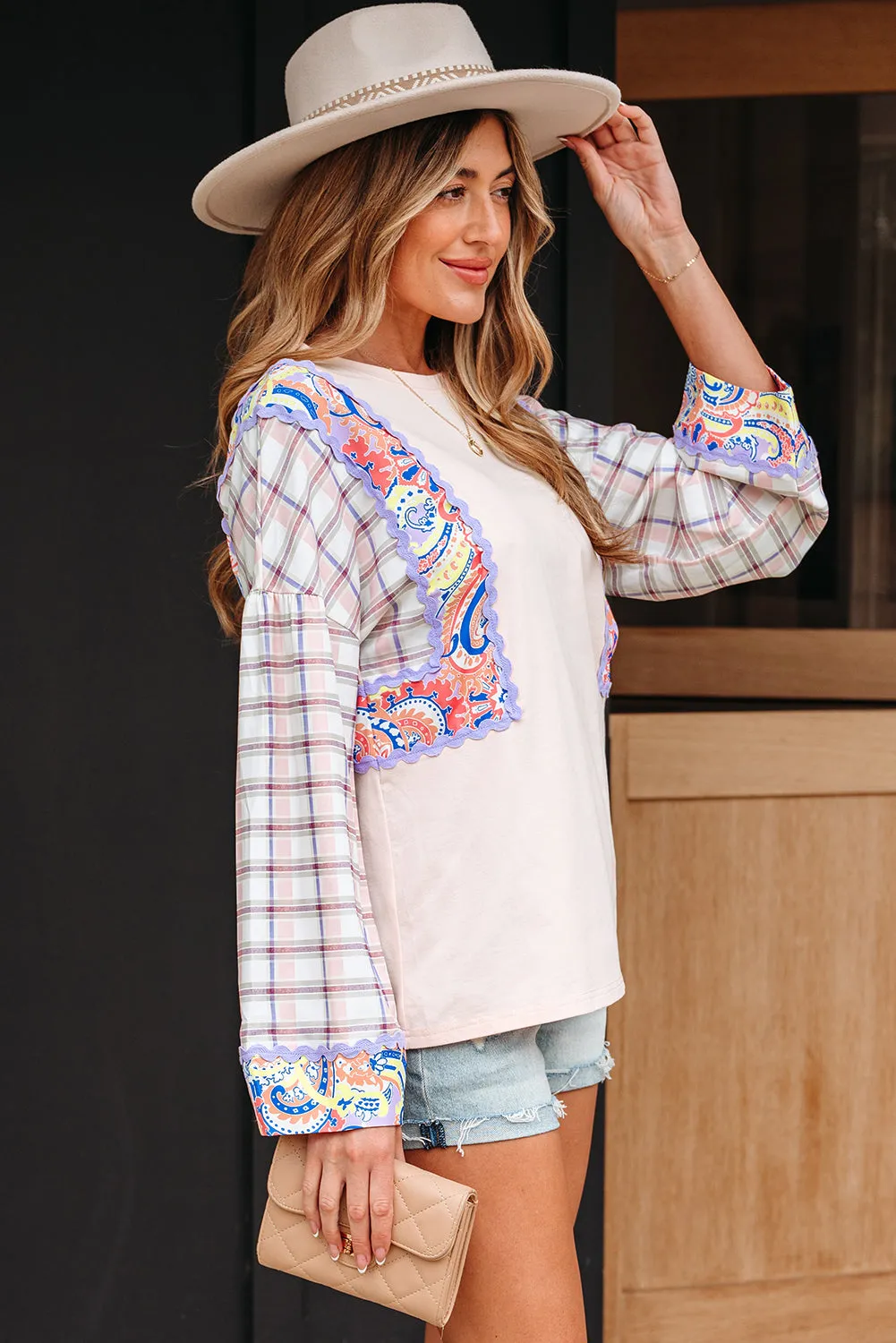 Ricrac Trim Floral Plaid Patchwork Puff Sleeve Blouse sold by Beagle Boutique product image thumbnail 3