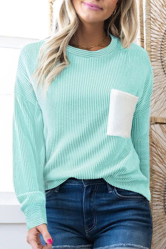 Ribbed Textured Contrast Patched Pocket Long Sleeve Top sold by Beagle Boutique