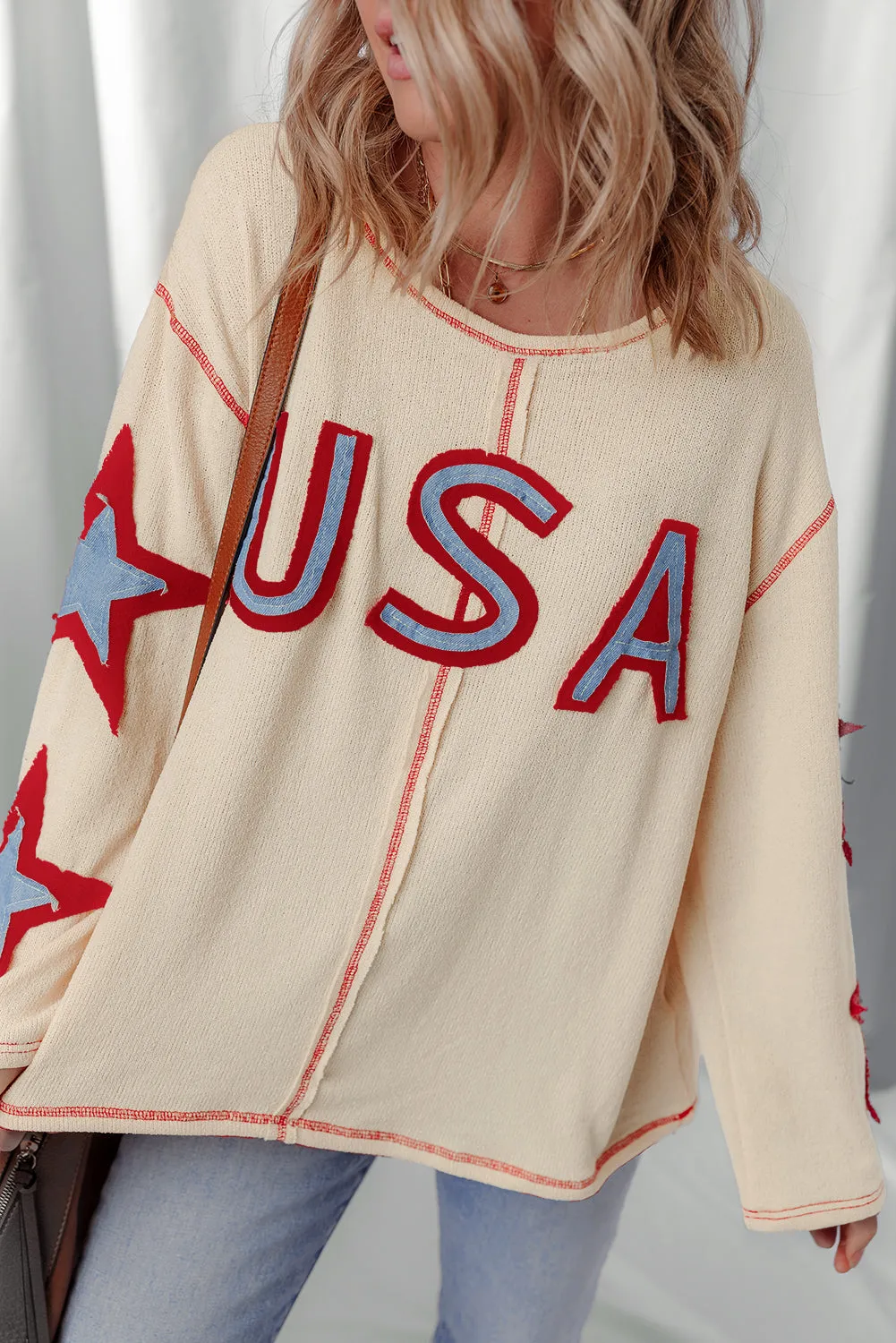 Beige USA Star Contrast Patchwork Exposed Seam Long Sleeve Top sold by Beagle Boutique product image thumbnail 4