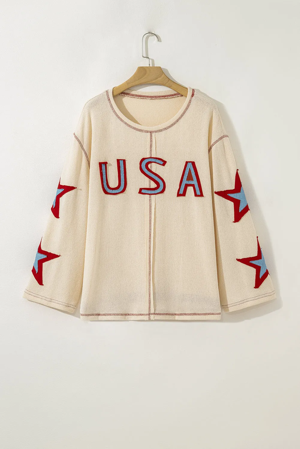 Beige USA Star Contrast Patchwork Exposed Seam Long Sleeve Top sold by Beagle Boutique product image thumbnail 5