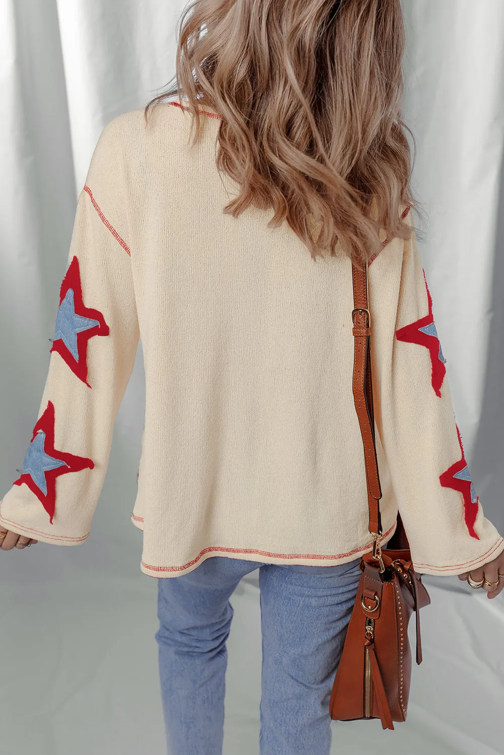Beige USA Star Contrast Patchwork Exposed Seam Long Sleeve Top sold by Beagle Boutique product image thumbnail 2