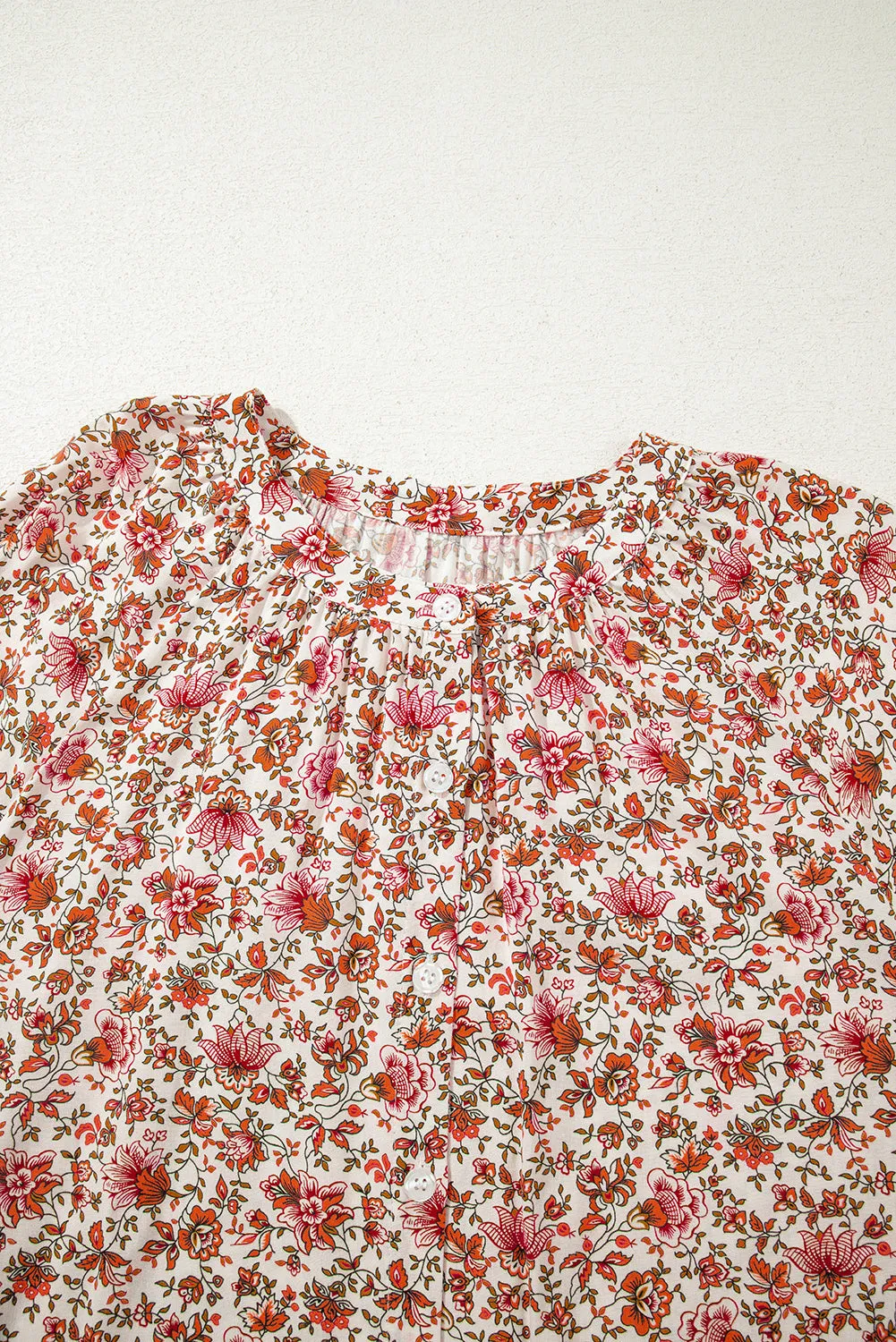 Red Floral Print Pleated Detail Notched Neck Puff Sleeve Blouse sold by Beagle Boutique product image thumbnail 3