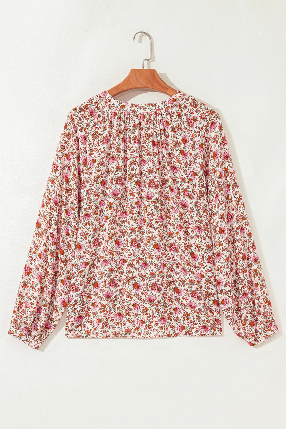 Red Floral Print Pleated Detail Notched Neck Puff Sleeve Blouse sold by Beagle Boutique product image thumbnail 2
