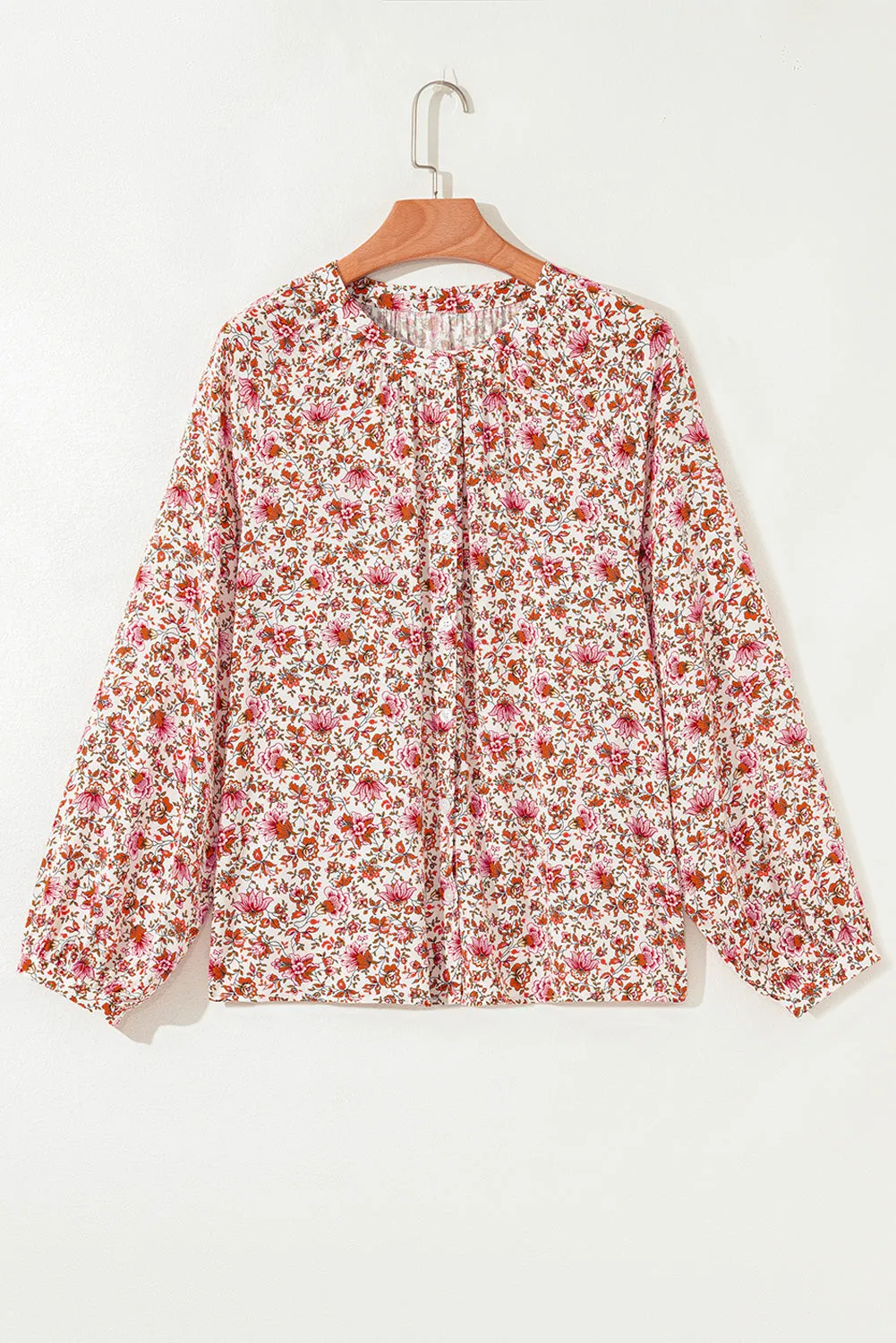 Red Floral Print Pleated Detail Notched Neck Puff Sleeve Blouse sold by Beagle Boutique