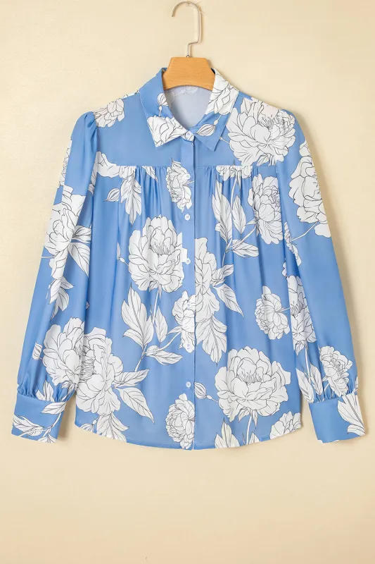 Floral Print Button Up Pleated Detail Puff Sleeve Shirt sold by Beagle Boutique