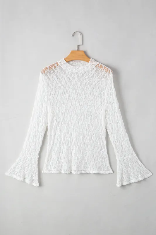 White Sheer Lace Bell Sleeve Mock Neck Blouse sold by Beagle Boutique