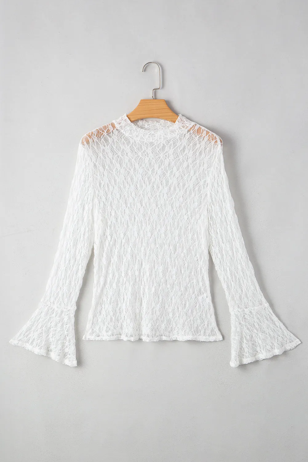 White Sheer Lace Bell Sleeve Mock Neck Blouse sold by Beagle Boutique