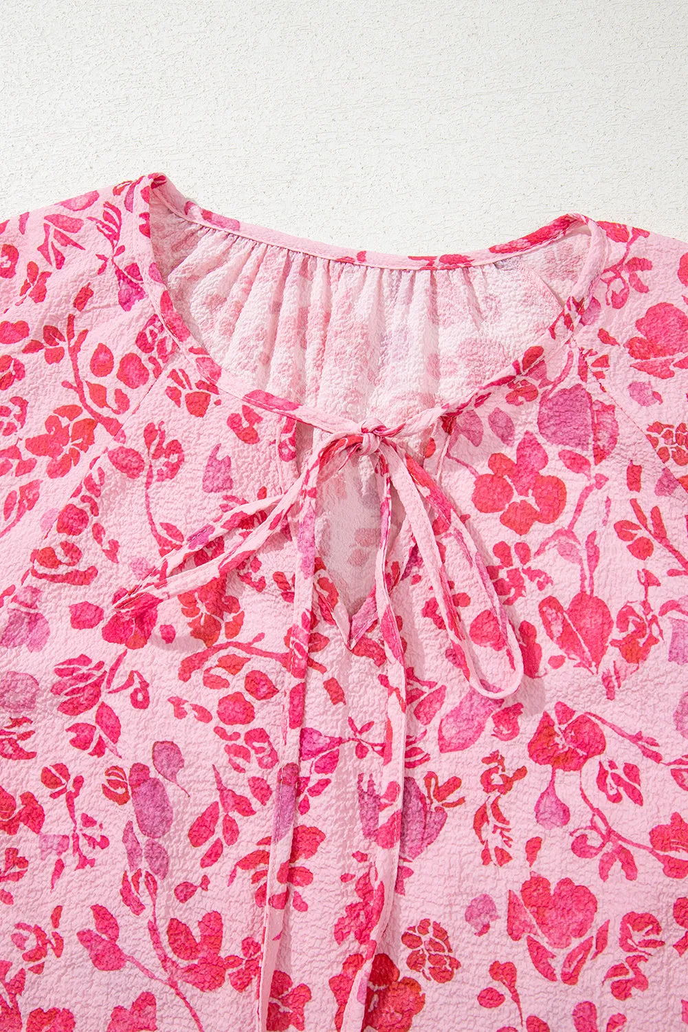 Pink Floral Puff Sleeve Split Neck Lightweight Blouse sold by Beagle Boutique product image thumbnail 3