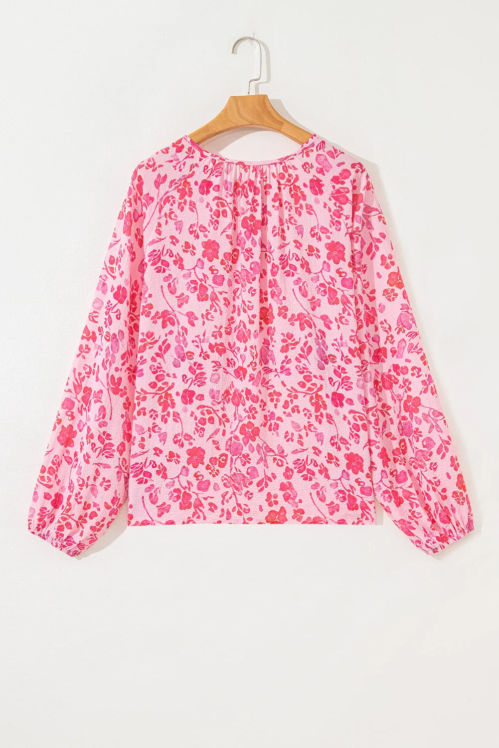Pink Floral Puff Sleeve Split Neck Lightweight Blouse sold by Beagle Boutique product image thumbnail 2