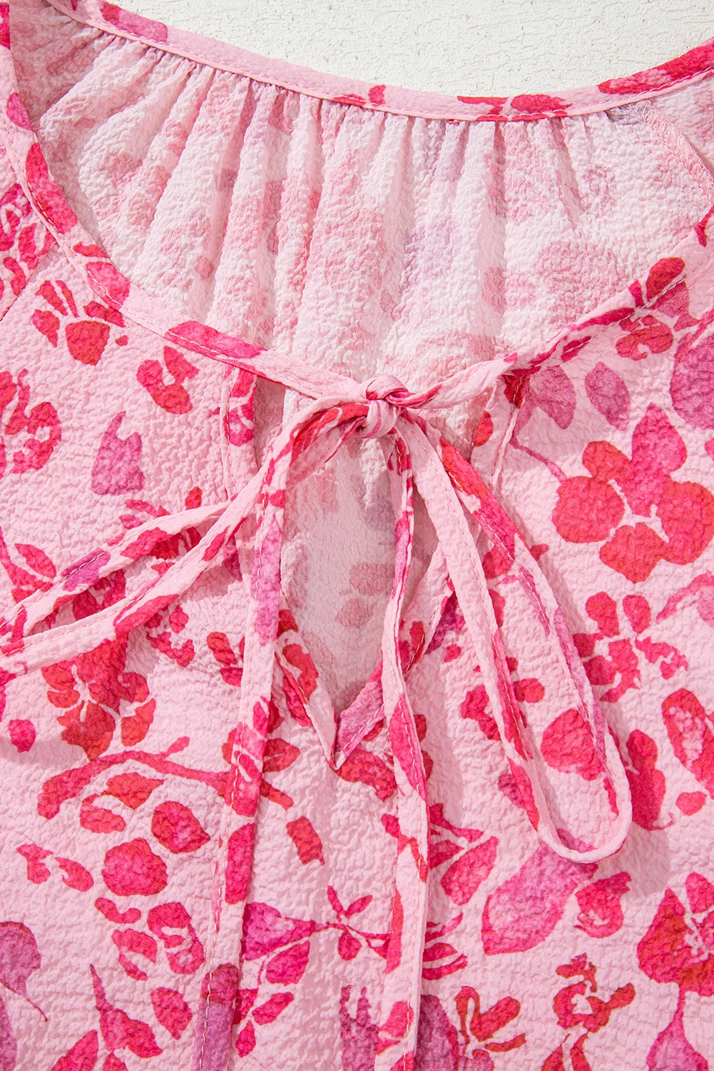 Pink Floral Puff Sleeve Split Neck Lightweight Blouse sold by Beagle Boutique product image thumbnail 4