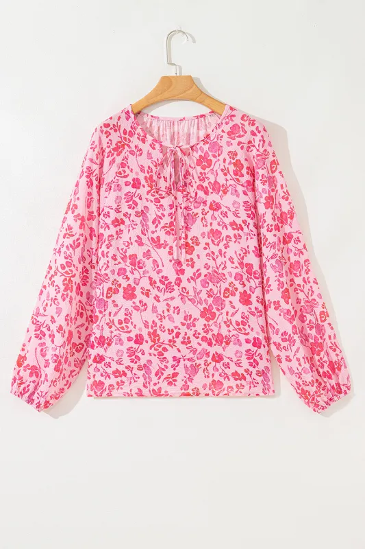 Pink Floral Puff Sleeve Split Neck Lightweight Blouse made by Beagle Boutique