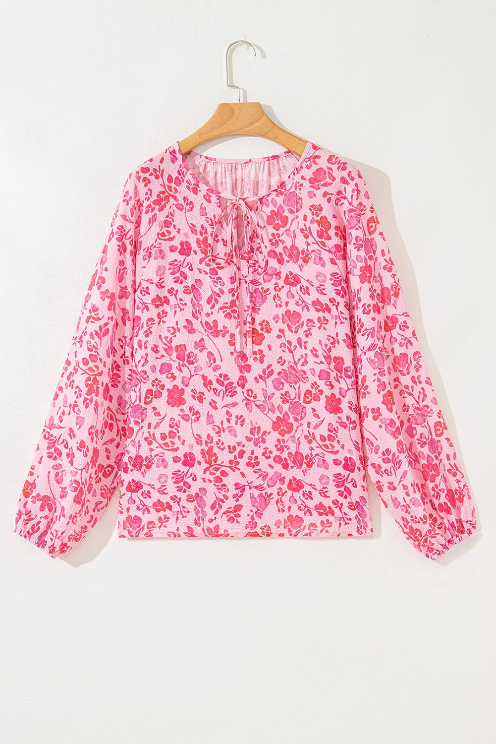 Pink Floral Puff Sleeve Split Neck Lightweight Blouse sold by Beagle Boutique