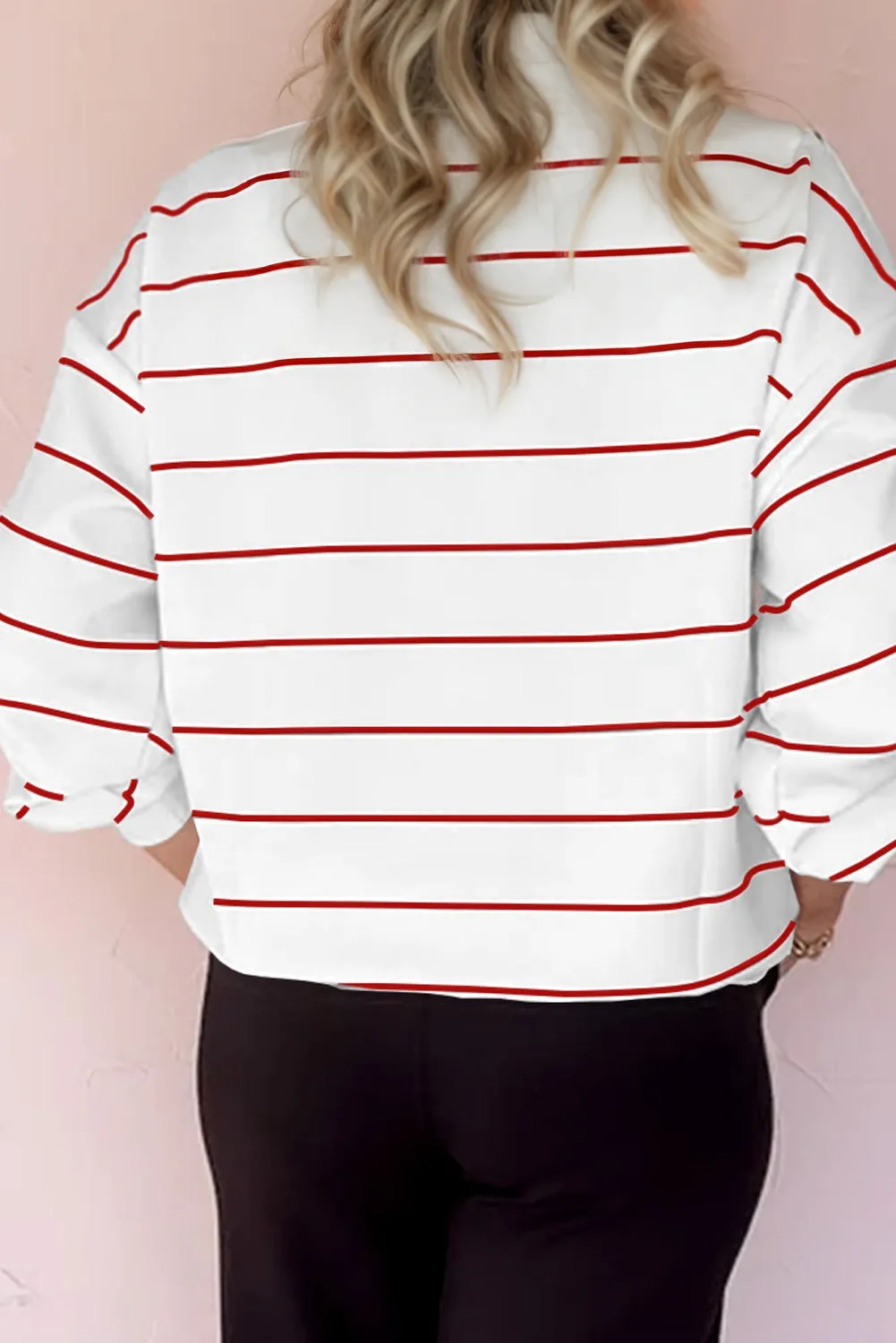 Zip V-Neck Stripe Print Drop Shoulder Long Sleeve Top sold by Beagle Boutique product image thumbnail 2