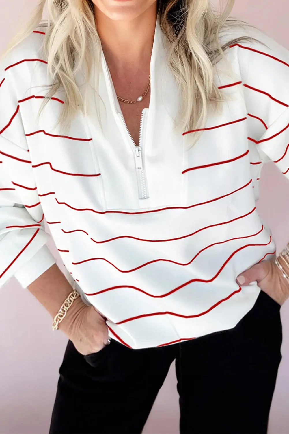 Zip V-Neck Stripe Print Drop Shoulder Long Sleeve Top sold by Beagle Boutique